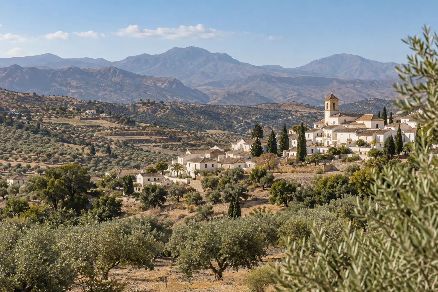 Illustrative Mediterranean village and mountain landscape