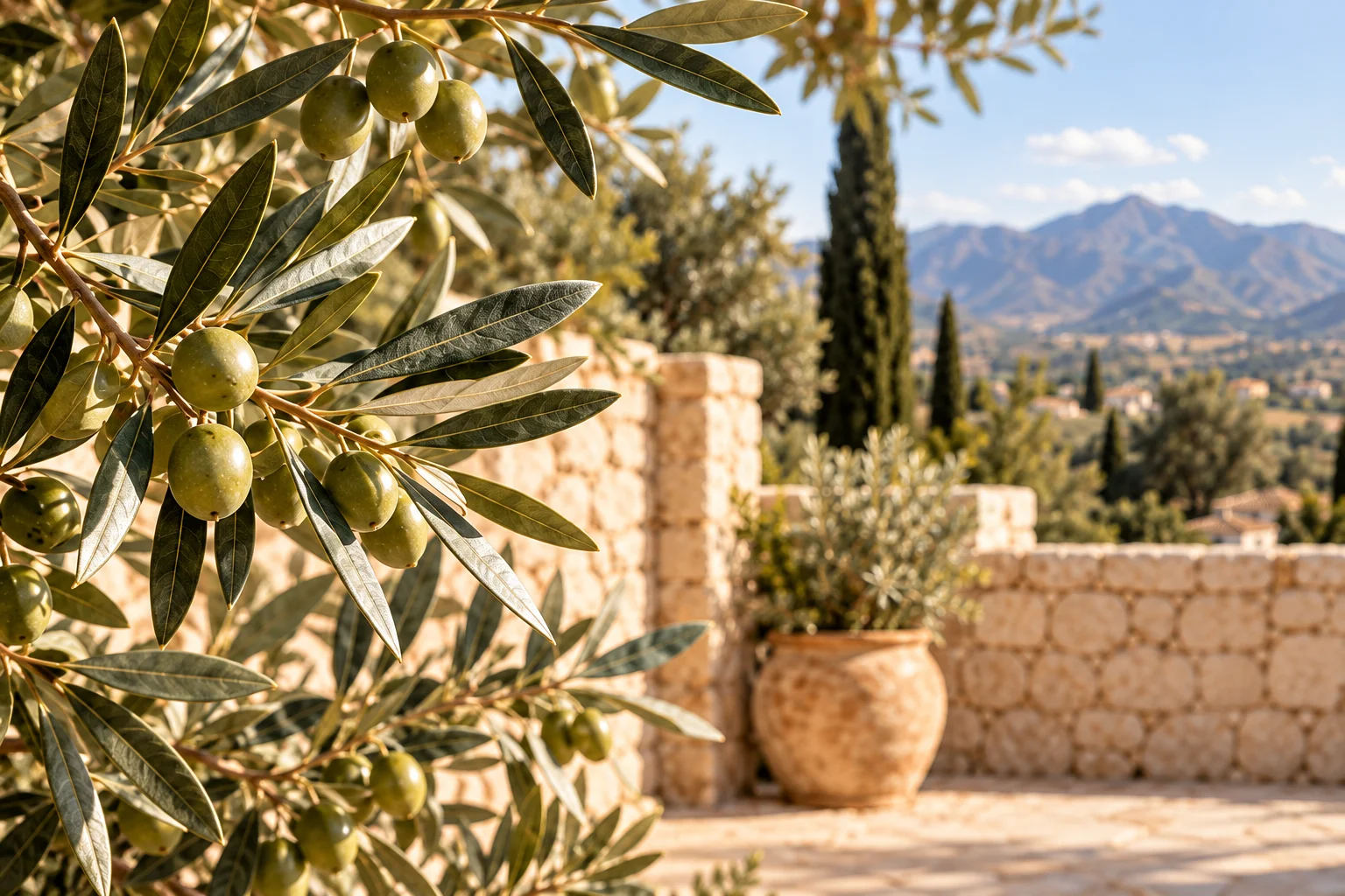 Olive branches in a sunlit Mediterranean courtyard